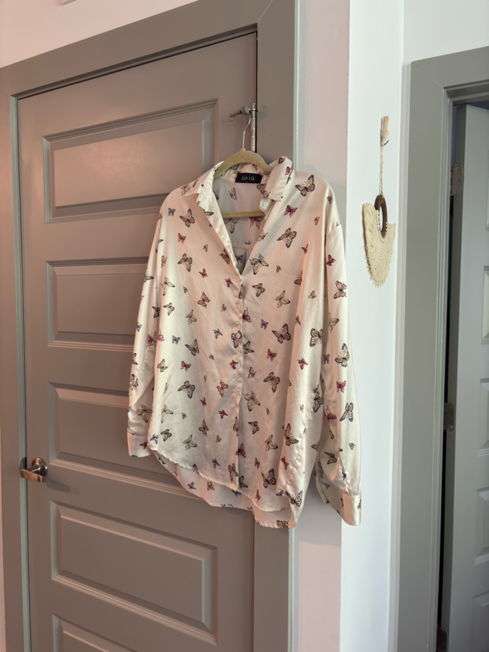 Fab'rik Cream Butterfly Print Satin Button-Up Blouse